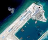 A satellite image of what is claimed to be an airstrip, under-construction at Fiery Cross Reef in the disputed South China Sea