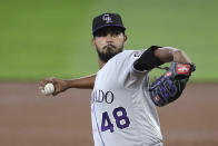 Colorado Rockies starting pitcher German Marquez throws against the Seattle Mariners in the first inning of a baseball game Sunday, Aug. 9, 2020, in Seattle. (AP Photo/Elaine Thompson)