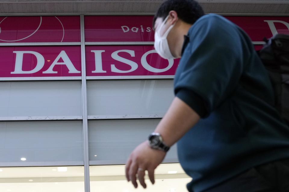 A Daiso signboard is seen Tuesday, Feb. 20, 2024, in Tokyo. Hirotake Yano, who founded retail chain Daiso behind the 100-yen shop, Japan’s equivalent of the dollar store, has died. He was 80.(AP Photo/Eugene Hoshiko)