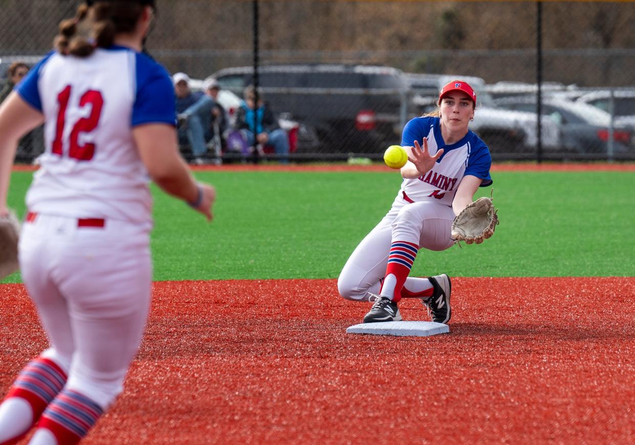 Neshaminy's Olivia Hughes (18) makes a catch at second base against Council Rock South during their softball game in Langhorne on Tuesday, March 26, 2024.