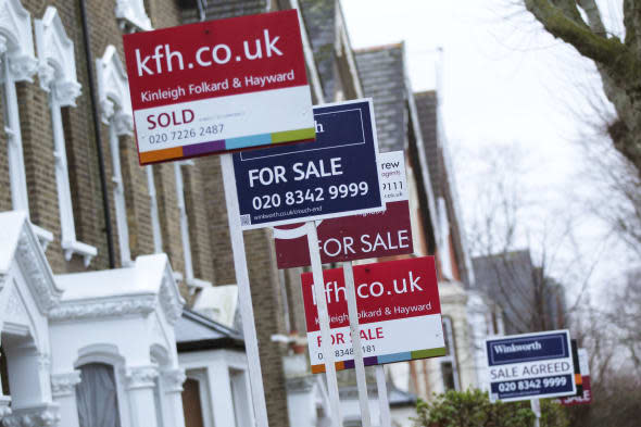 Library file photo dated 28/02/14 of for Sale signs displayed outside houses in Finsbury Park, North London. House prices lifted by 9.4% year on year in February as consumer confidence continues to grow, Nationwide has reported. PRESS ASSOCIATION Photo. Issue date: Friday February 28, 2014. See PA story ECONOMY House. Photo credit should read: Yui Mok/PA Wire