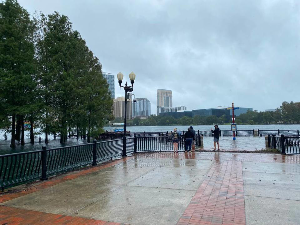 Lake Eola, in downtown Orlando, was swollen beyond its banks after Ian blew through town on its way to Florida’s east coast.