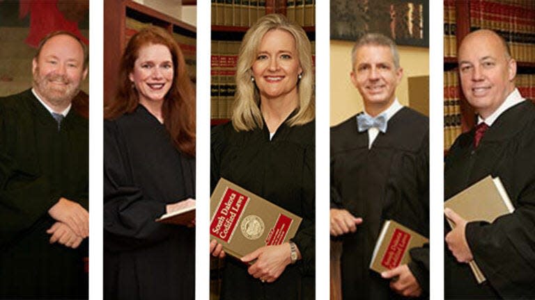 Justices of the South Dakota Supreme Court. From left, Justice Scott P. Myren, Justice Janine M. Kern, Justice Patricia J. DeVaney, Justice Mark E. Salter, Chief Justice Steven R. Jensen. (photos courtesy of South Dakota Unified Judicial System)