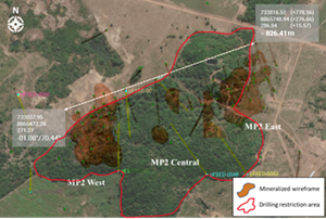 MP2 target mineralization wireframes delineated during 2022 drilling program.