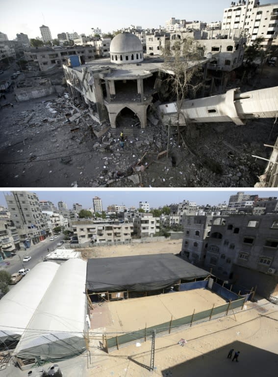 (Top) A collapsed minaret of a destroyed mosque in Gaza City on July 30, 2014, and the same place (bottom) on July 3, 2015, a year after the 50-day war between Israel and Hamas' militants