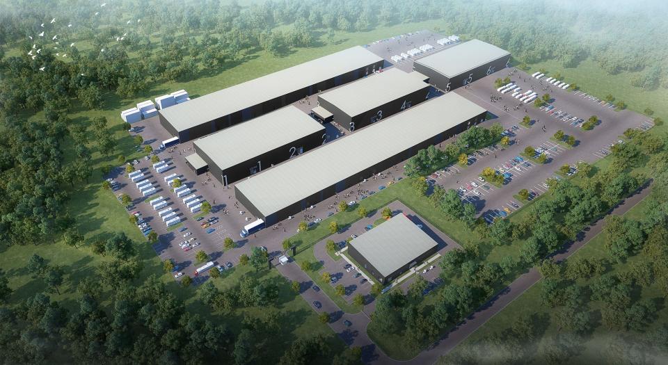 This artist's rendering provided by Talking Dog advertising and public relations agency shows an overview of Athena Studios, a 350,000-square-foot movie and television production facility that broke ground on Nov. 16, 2021, at 900 Athena Drive in Athens, Ga.