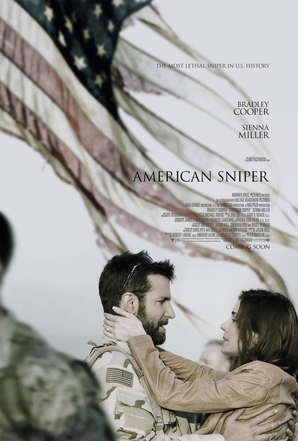 AMERICAN SNIPER, US poster, l-r: Bradley Cooper, Sienna Miller, 2014. ©Warner Bros.Pictures/courtesy Everett Collection