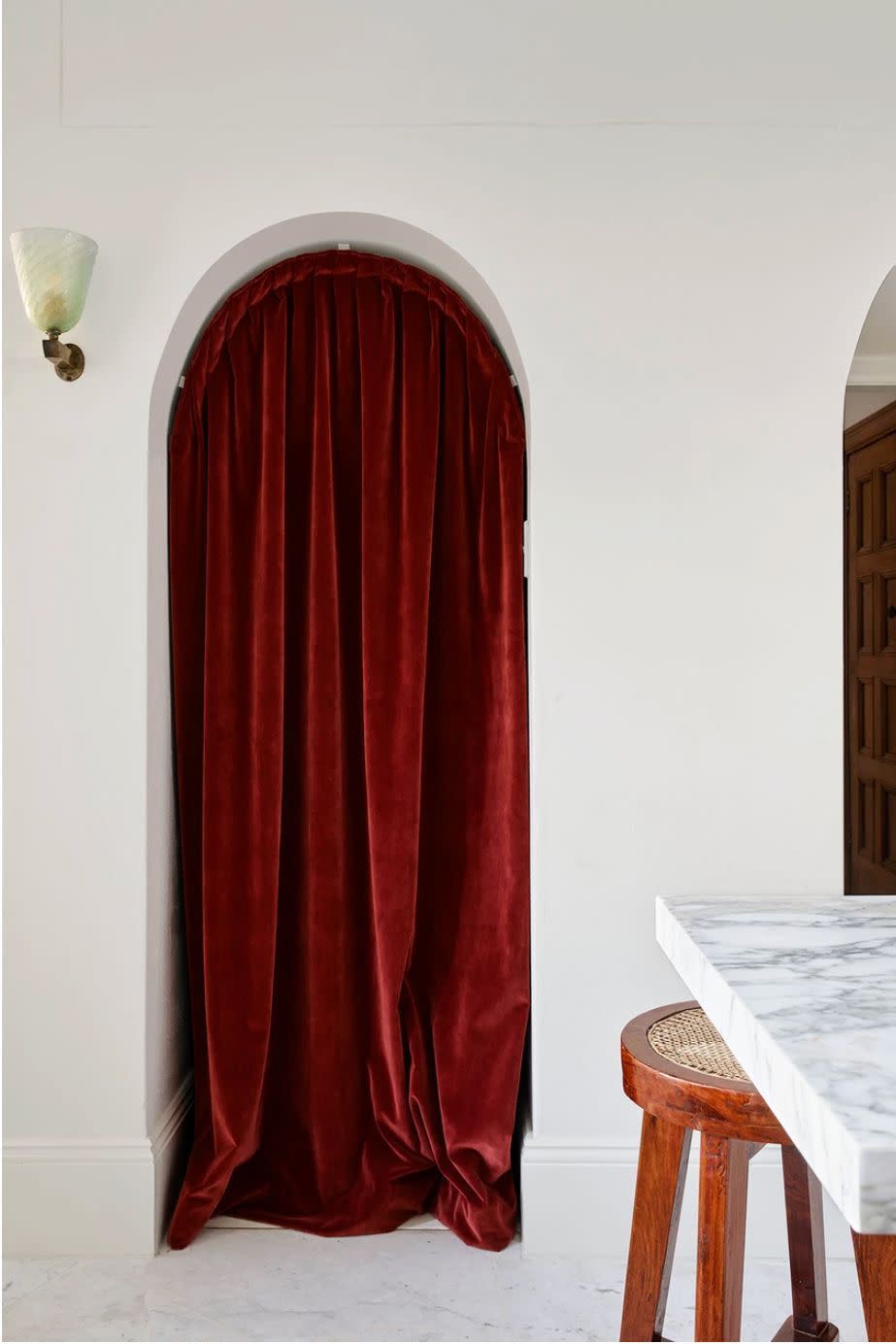 red curtain in laundry room