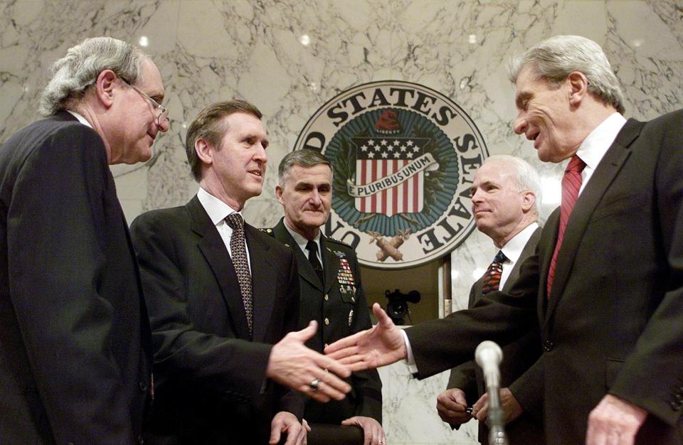 Cohen (second from left),&nbsp;with McCain (second from right) in 1999. They served together in the Senate, and Cohen was a groomsman at McCain&rsquo;s wedding to&nbsp;Cindy McCain, <a href="https://www.pbs.org/newshour/show/despite-losses-mccains-spirit-was-never-broken-says-former-defense-secretary" target="_blank" rel="noopener noreferrer">PBS reported﻿</a>.