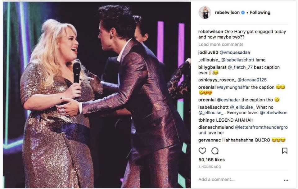 Rebel Wilson has sent fans into a social media frenzy, after gushing about British singer Harry Styles after meeting him at the ARIA Awards on Tuesday night. Source: Instagram