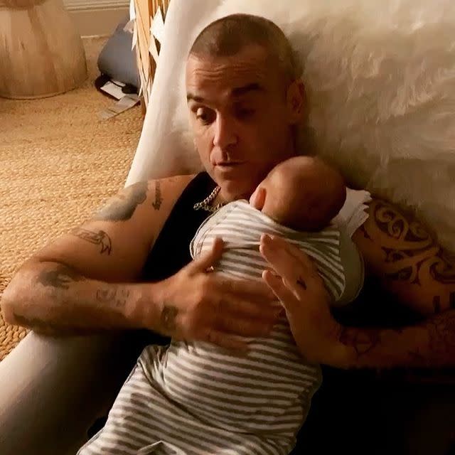 <p>Robbie Williams and Ayda field welcomed their fourth child together via surrogate in February. They named him Beau Benedict Enthoven Williams.</p><p><a href="https://www.instagram.com/p/B-f_CV1Hsep/" rel="nofollow noopener" target="_blank" data-ylk="slk:See the original post on Instagram;elm:context_link;itc:0;sec:content-canvas" class="link ">See the original post on Instagram</a></p>