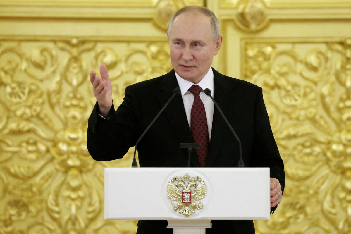 Vladimir Putin speaks at a ceremony to receive diplomatic credentials from newly appointed foreign ambassadors at the Grand Kremlin Palace in Moscow (via REUTERS)