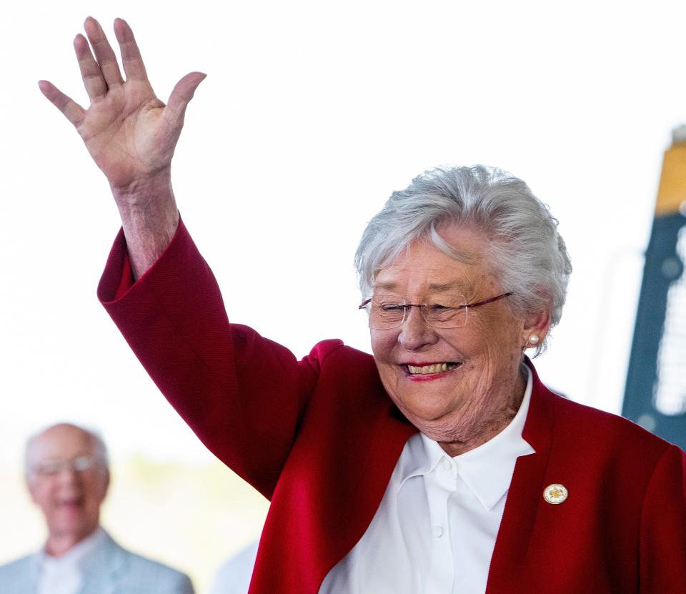 Alabama Governor Kay Ivey waves at the kick off of the Down to Earth Campaign at the Pike Road Agricultural, Recreation and Performing Arts Center in Pike Road, Ala., on Thursday March 31, 2022. The campaign, sponsored by nine Alabama agriculture and forestry groups, spotlights the way Alabama farmers and producers use sustainable practices.