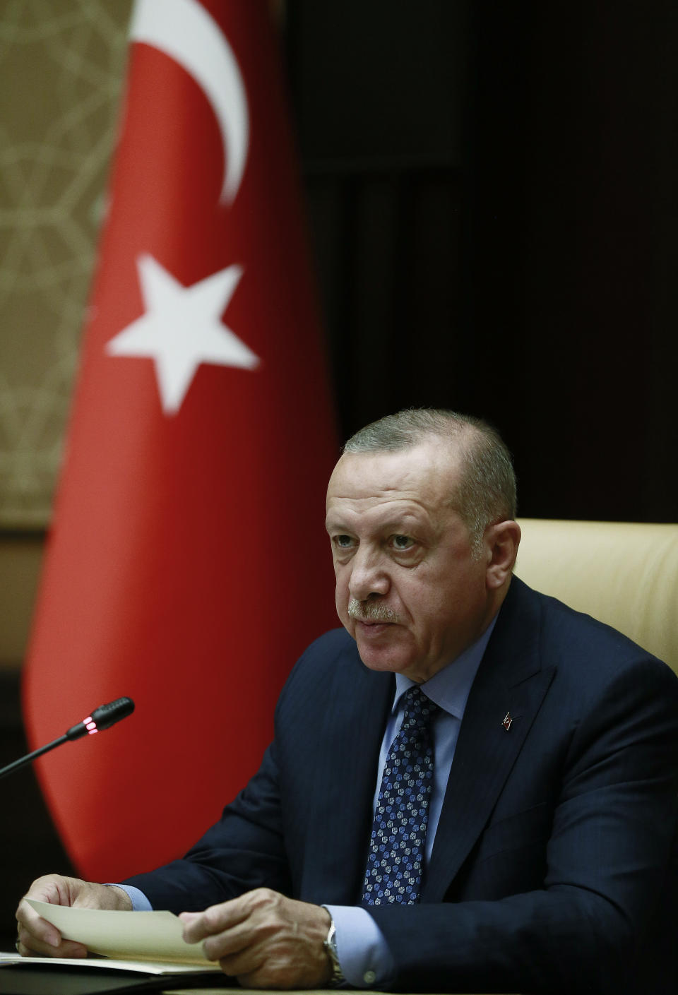 Turkey's President Recep Tayyip Erdogan, speaks at a meeting aimed at reviewing steps to advance Turkey's membership bid that coincided with Europe Day, in Ankara, Turkey, Thursday, May 9, 2019. Erdogan says Turkey is "stubbornly" pressing ahead with efforts to join the European Union despite circles in Europe trying to exclude his country from "the European family." He said the EU needed Turkey more than his country needs the 28-member bloc.(Presidential Press Service via AP, Pool)