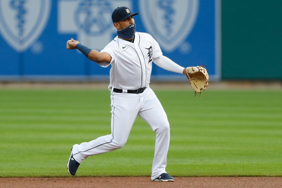 Tigers third baseman Isaac Paredes makes a throw to first base for an out during the first inning against the Cubs on Wednesday, Aug. 26, 2020, at Comerica Park.