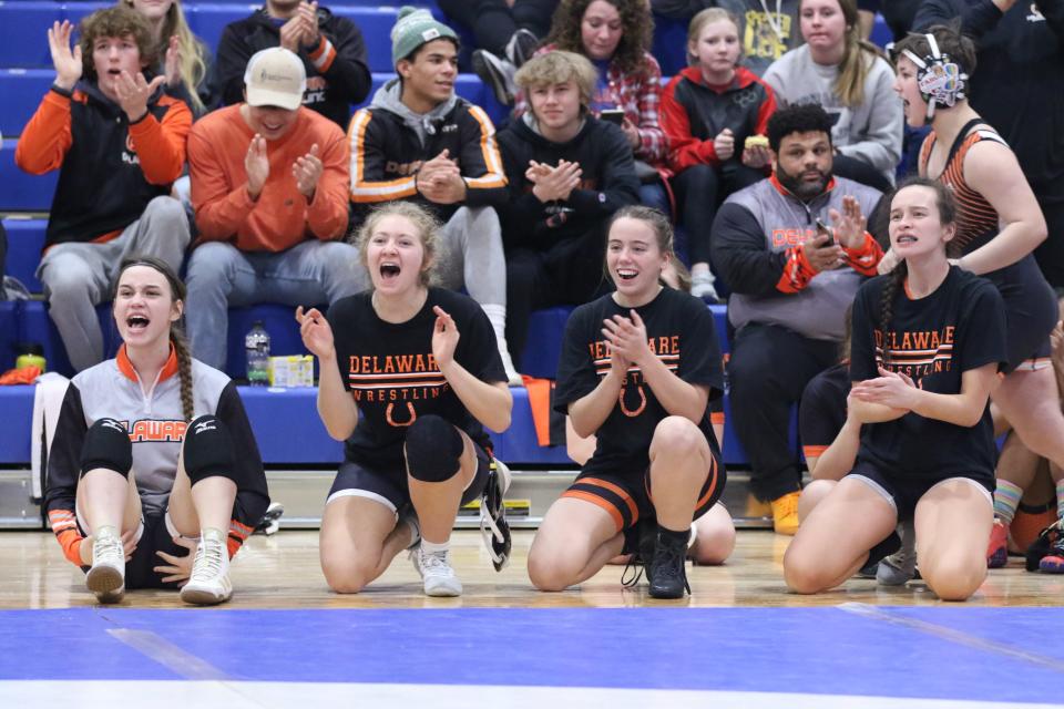 Gwen House (left), Eliza Riggs, Maddie Wells and Taylor Osborne of Delaware Hayes cheer on a teammate during the OHSWCA girls wrestling state duals Jan. 23 at Marysville.