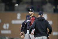 Minnesota Twins pitcher Pablo López is relieved during the fifth inning of a baseball game against the Detroit Tigers, Friday, April 12, 2024, in Detroit. (AP Photo/Carlos Osorio)