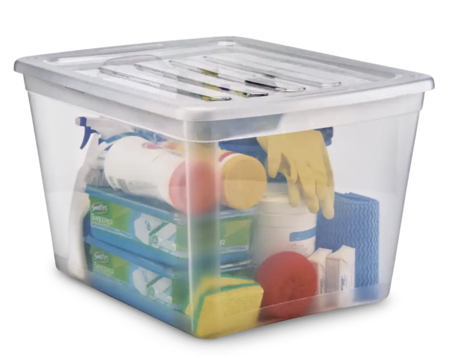 Type A Transparent Storage Box with Lid with cleaning supplies inside (photo via Canadian Tire)