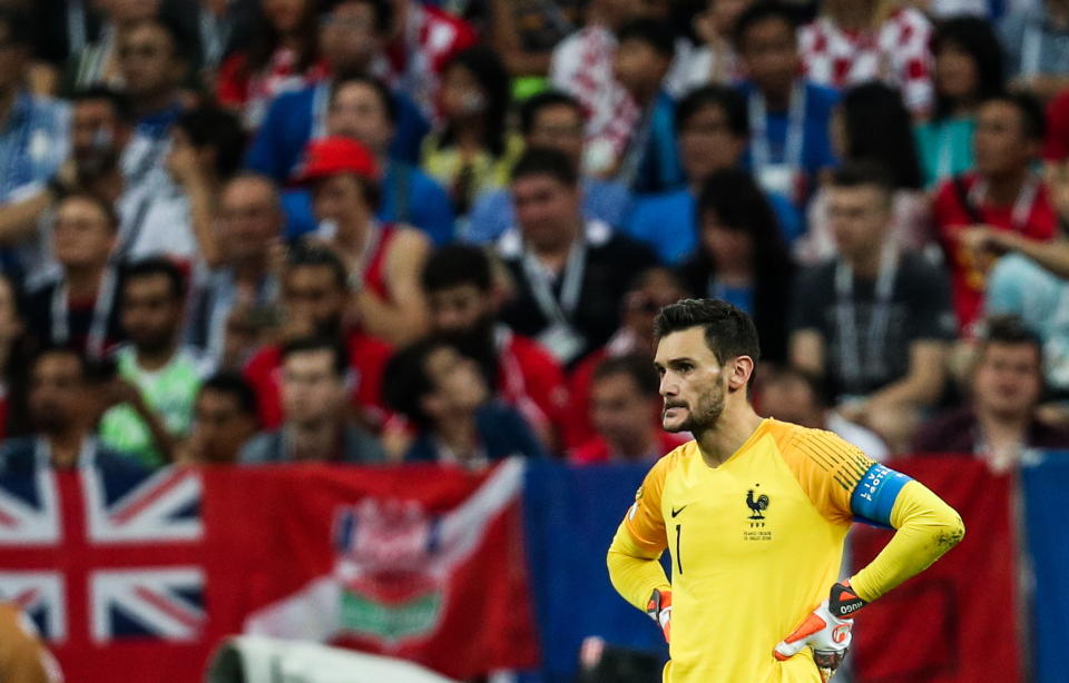 France’s goalkeeper Hugo Lloris (front) in the final football match of FIFA World Cup Russia 2018 between France and Croatia at Luzhniki Stadium. Mikhail Tereshchenko/TASS (Getty Images)