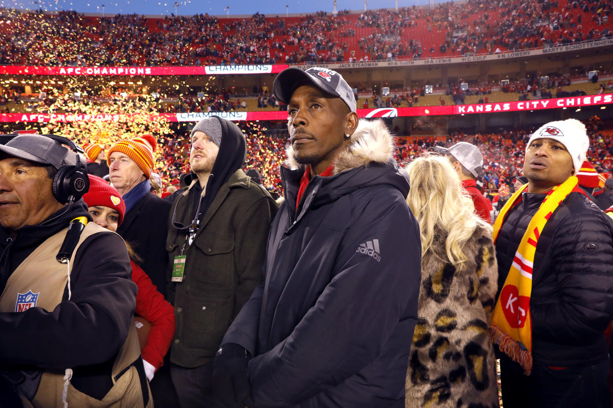 Pat Mahomes Sr., seen here supporting his son during the 2020 AFC championship between the Tennessee Titans and Kansas City Chiefs. (David Eulitt/Getty Images)