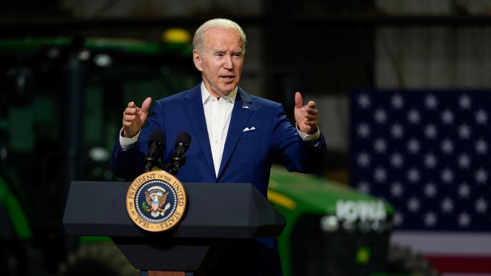 President Joe Biden speaks at POET Bioprocessing in Menlo, Iowa, on April 12, 2022. He talked about the importance of maintaining competition for agricultural products.
