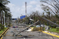 Downed electrical poles and lines blown over by Hurricane Otis blanket a road in Acapulco, Mexico, Friday, Oct. 27, 2023. (AP Photo/Felix Marquez)