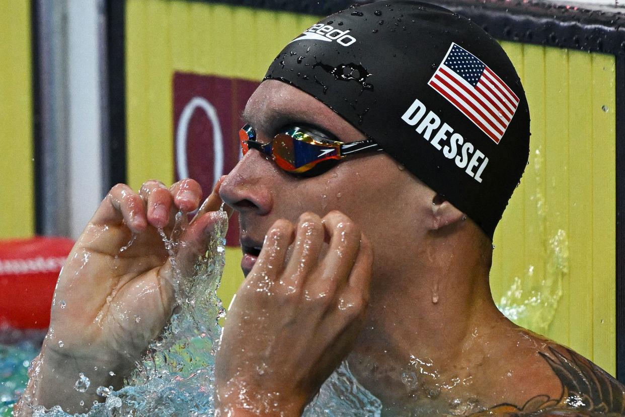 USA's Caeleb Dressel reacts after winning the men's 50m butterfly finals during the Budapest 2022 World Aquatics Championships at Duna Arena in Budapest on June 19, 2022. (Photo by Attila KISBENEDEK / AFP) (Photo by ATTILA KISBENEDEK/AFP via Getty Images)