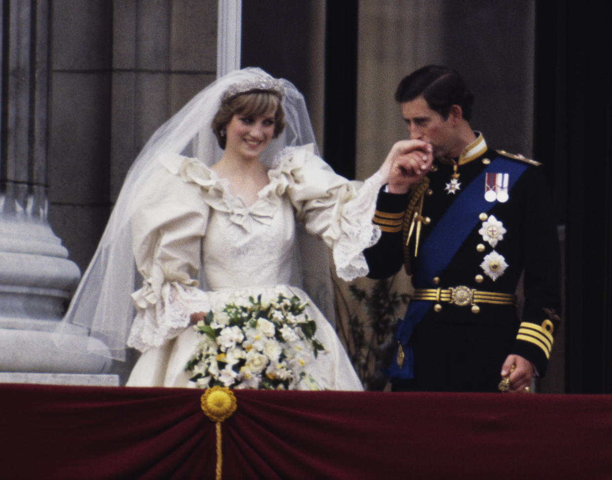 Princess Diana with her favourite white garden roses on her wedding day with Prince Charles. Source: Getty