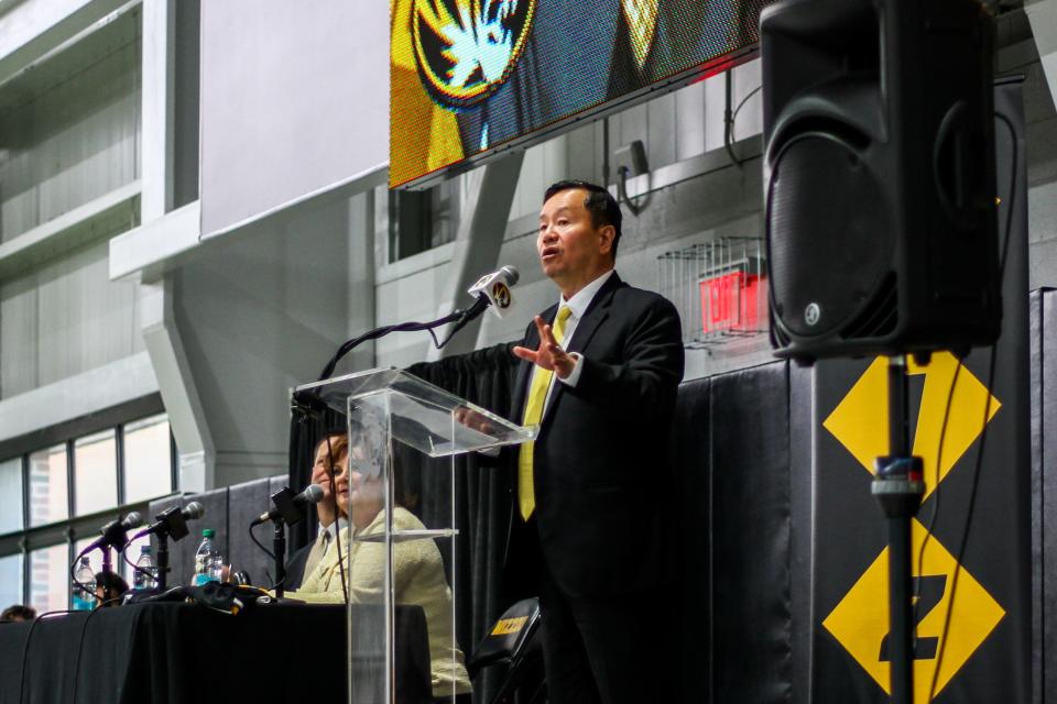 UM System President Mun Choi introduces new Missouri athletic director Laird Veatch during a press conference inside Stephens Indoor Facility on April 26, 2024 in Columbia, Mo.