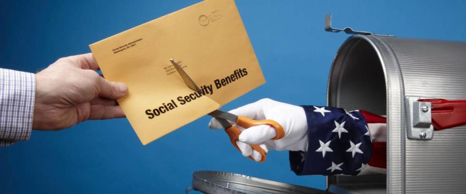 Uncle Sam comes out of mailbox to cut social security envelope, includes space for copy