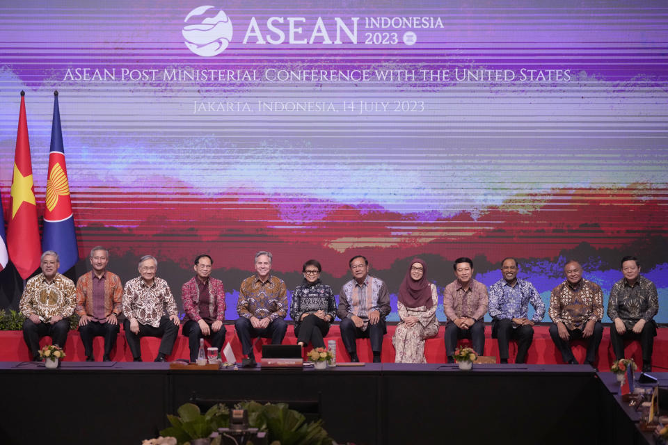 From left to right, Philippine's Foreign Secretary Enrique Manalo[, Singaporean Foreign Minister Vivian Balakrishnan, Thailand's Foreign Minister Don Pramudwinai, Vietnam's Foreign Minister Bui Thanh Son, U.S. Secretary of State Antony Blinken, Indonesian Foreign Minister Retno Marsudi, Cambodia's Foreign Minister Prak Sokhonn, Brunei's head of senior official delegate Johariah Wahab, Laotian Foreign Minister Saleumxay Kommasith, Malaysian Foreign Minister Zambry Abdul Kadir, East Timor's Foreign Minister Bendito Freitas and ASEAN Secretary General Kao Kim Hourn pose for a group photo during the ASEAN Post Ministerial Conference with the United States at the Association of Southeast Asian Nations (ASEAN) Foreign Ministers' Meeting in Jakarta, Indonesia, Friday, July 14, 2023. (AP Photo/Dita Alangkara, Pool)