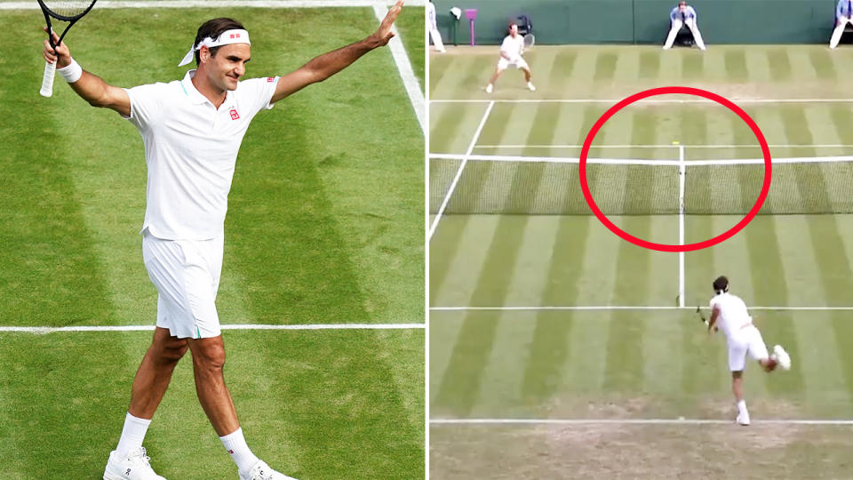 Roger Federer, pictured here sealing his victory over Richard Gasquet at Wimbledon with an ace.