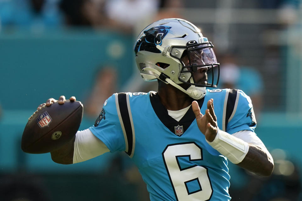Carolina Panthers quarterback P.J. Walker (6) looks to pass during the second half of an NFL football game against the Miami Dolphins, Sunday, Nov. 28, 2021, in Miami Gardens, Fla. (AP Photo/Lynne Sladky)