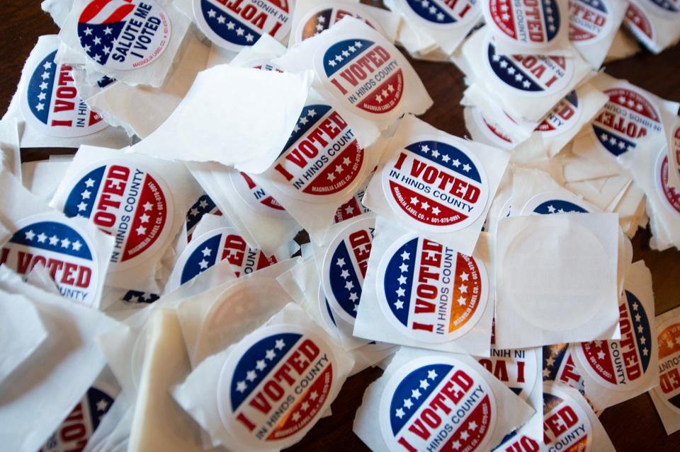 "I voted" stickers sit ready for voters to take after casting their ballot in the primary election at Precint C1 in the Olde Town Depot Building in Clinton, Miss., Tuesday, March 12, 2024.