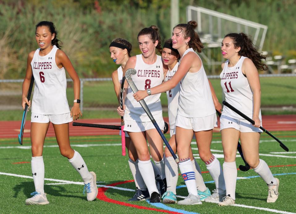 Freshman Shiloh Weinstein, fourth from left and seen here in a game earlier this season, scored the game-winning goal in overtime Monday for the Portsmouth High School field hockey team.