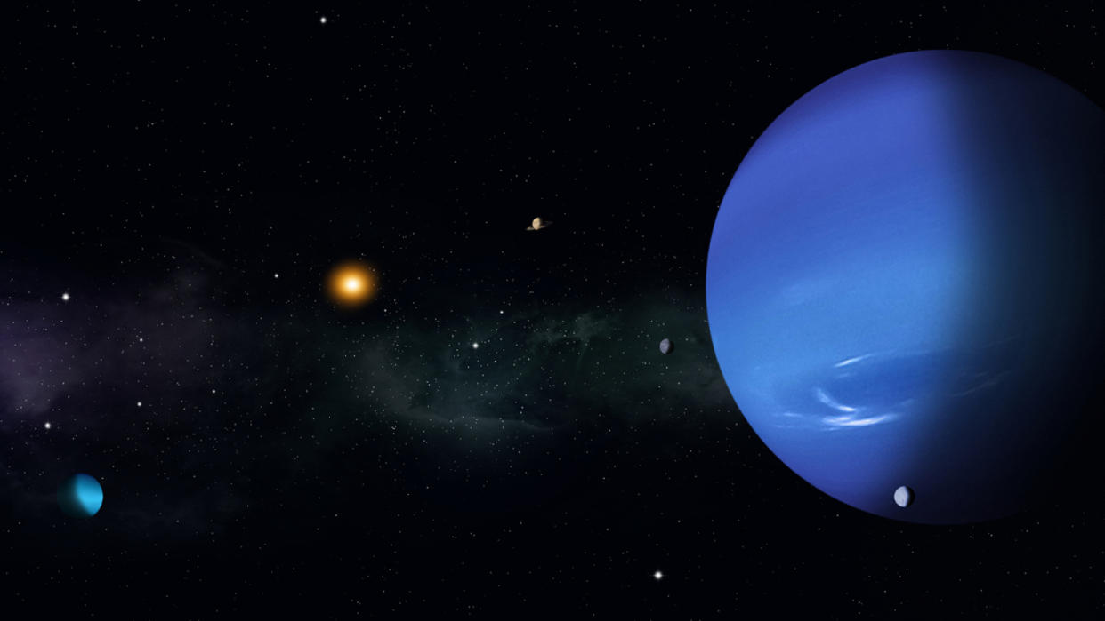  An illustration of Neptune and some of its moons with Uranus and the sun in the background. 