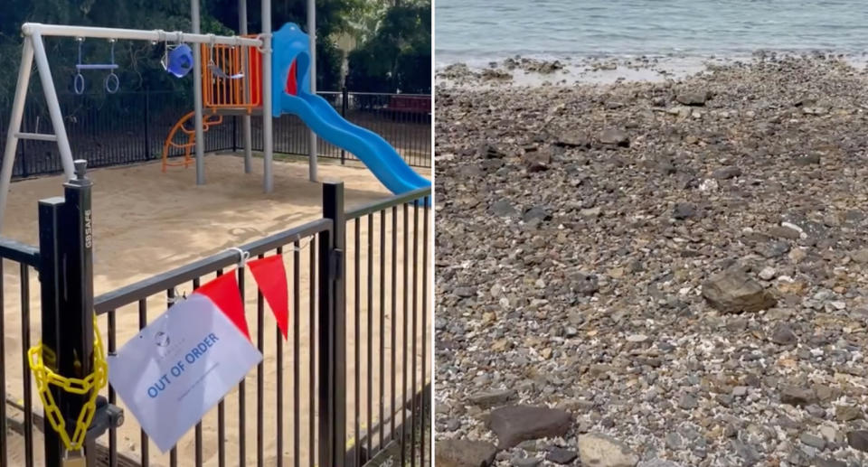 closed sign on playground and beach with rocks