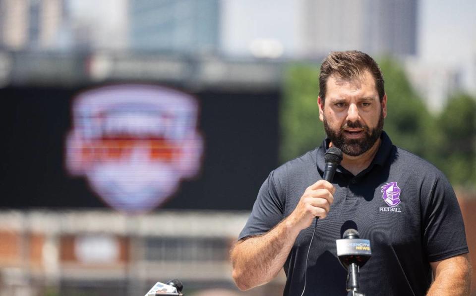Ardrey Kell’s coach Greg Jachym speaks after his team was announced to play during the Charlotte Kickoff Classic at Memorial Stadium in Charlotte, N.C., on Tuesday, May 7, 2024.