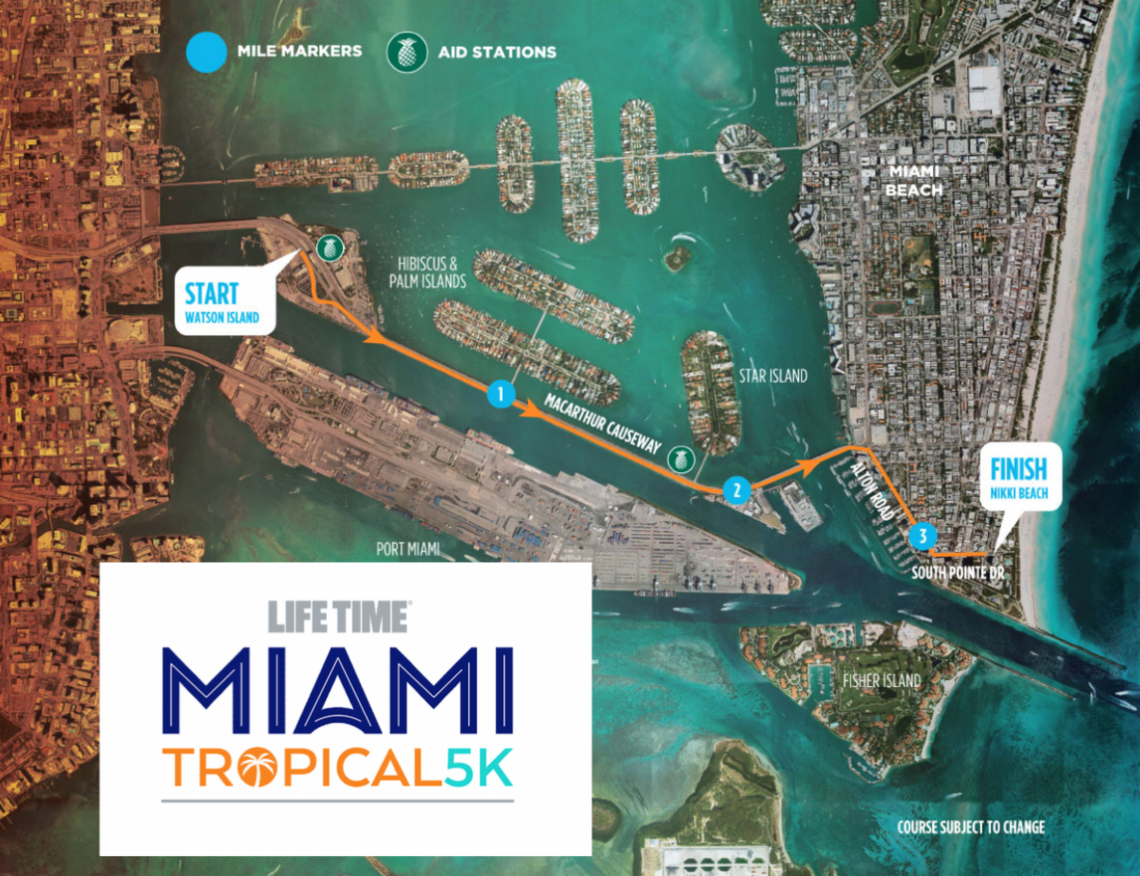 Map of the the 21st annual Life Time Miami Marathon and Half Marathon Miami Beach portion on Sunday, Jan. 29, 2023. Runners will come from Downtown Miami over the MacArthur Causeway to South Beach and exit Miami Beach via the Venetian Causeway.