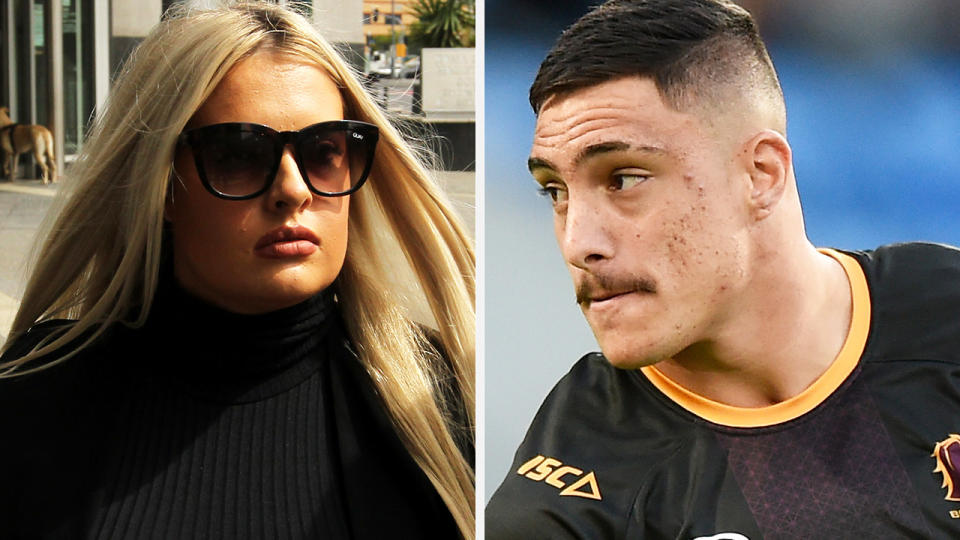 A 50-50 split image shows McKenzie Lorraine Robinson on the left and Brisbane Broncos player Kotoni Staggs on the right.