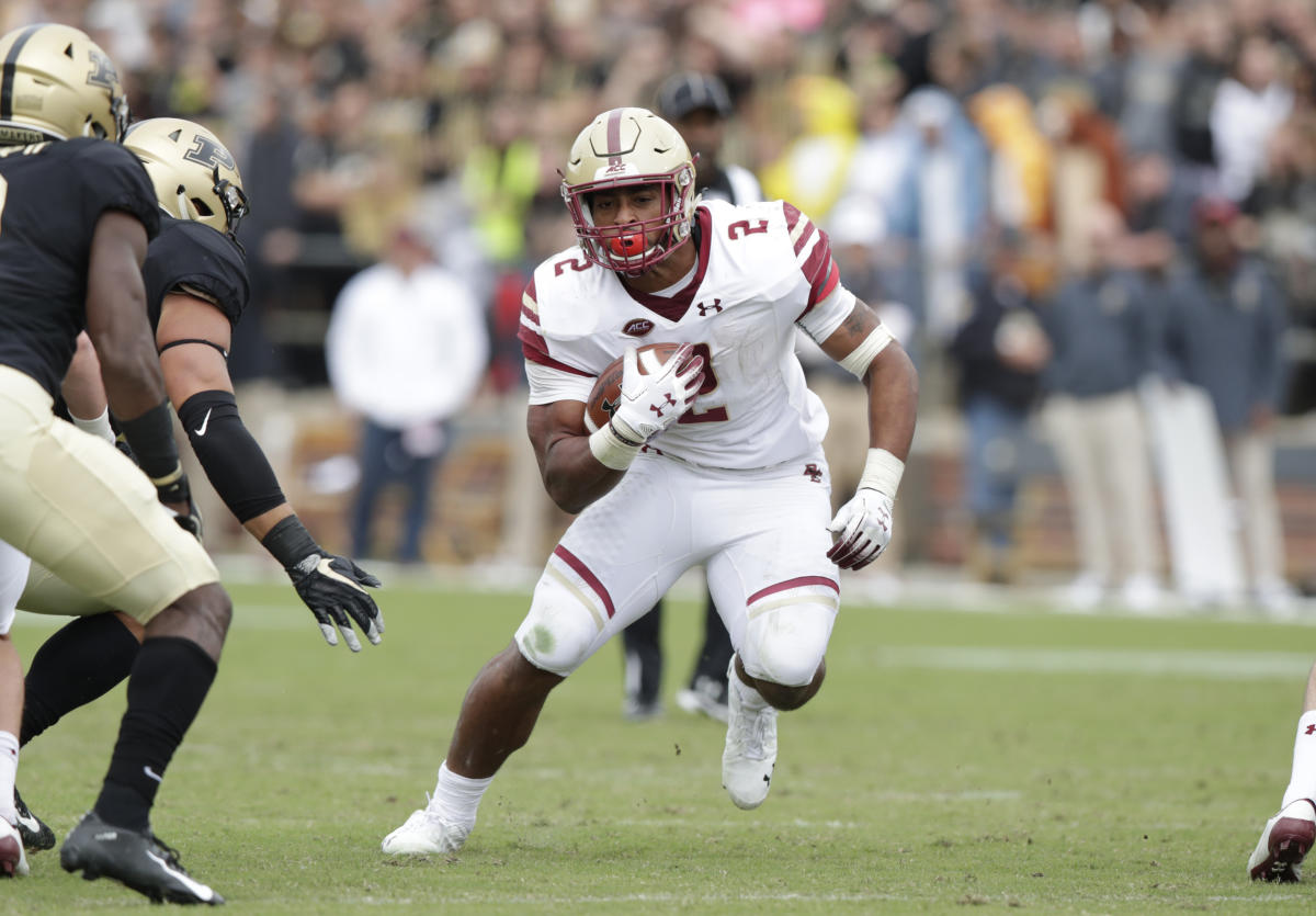 Boston College running back AJ Dillon (2) runs over 50 yards for a