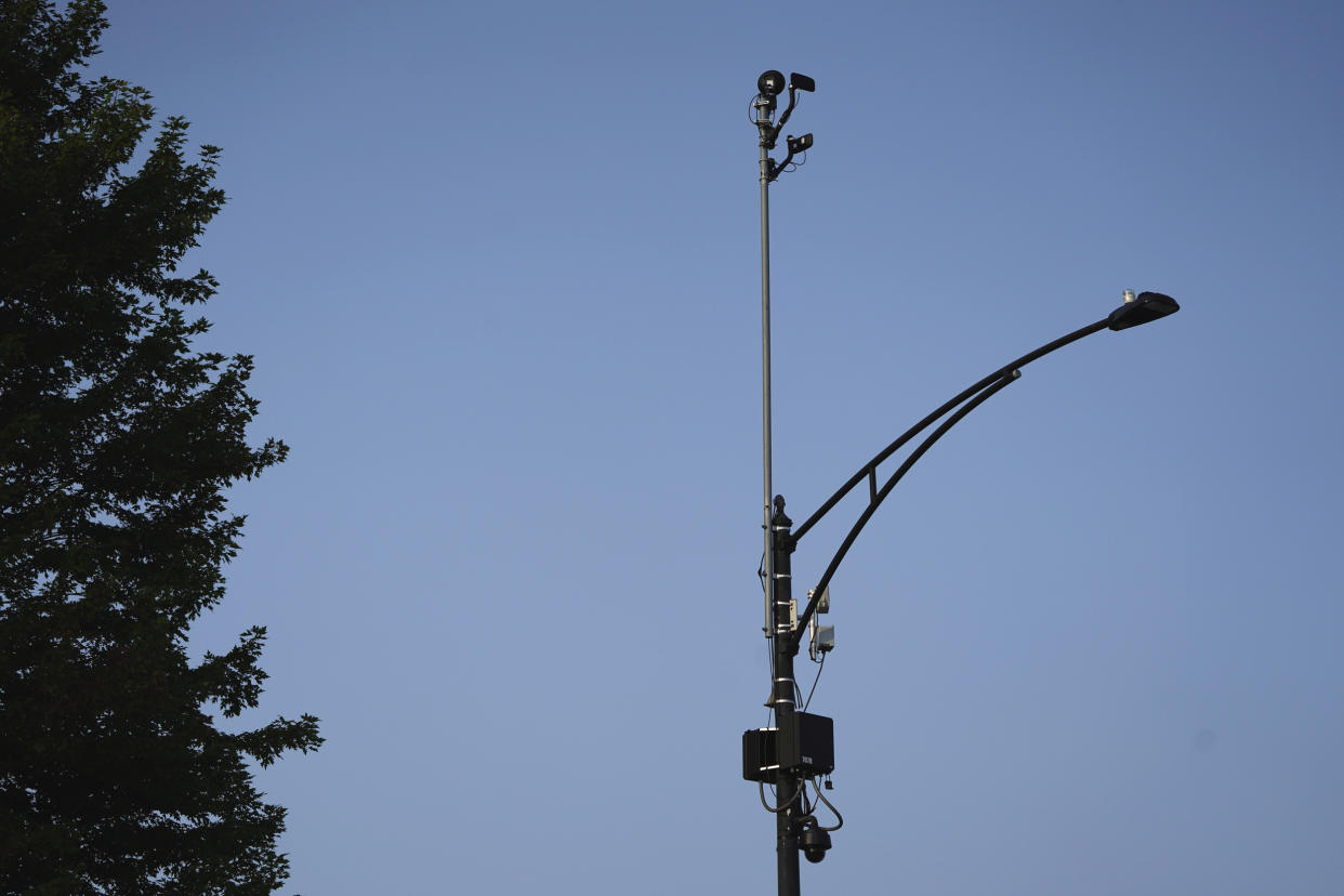 IMage: ShotSpotter equipment overlooks a street in Chicago on Aug. 10, 2021. (Charles Rex Arbogast / AP file)