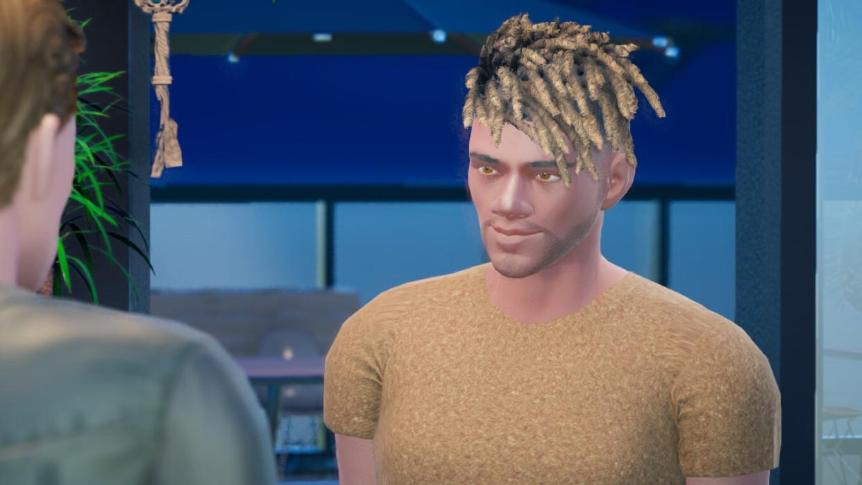  Life By You - A a character with dreadlocks wearing a yellow shirt in a conversation. 