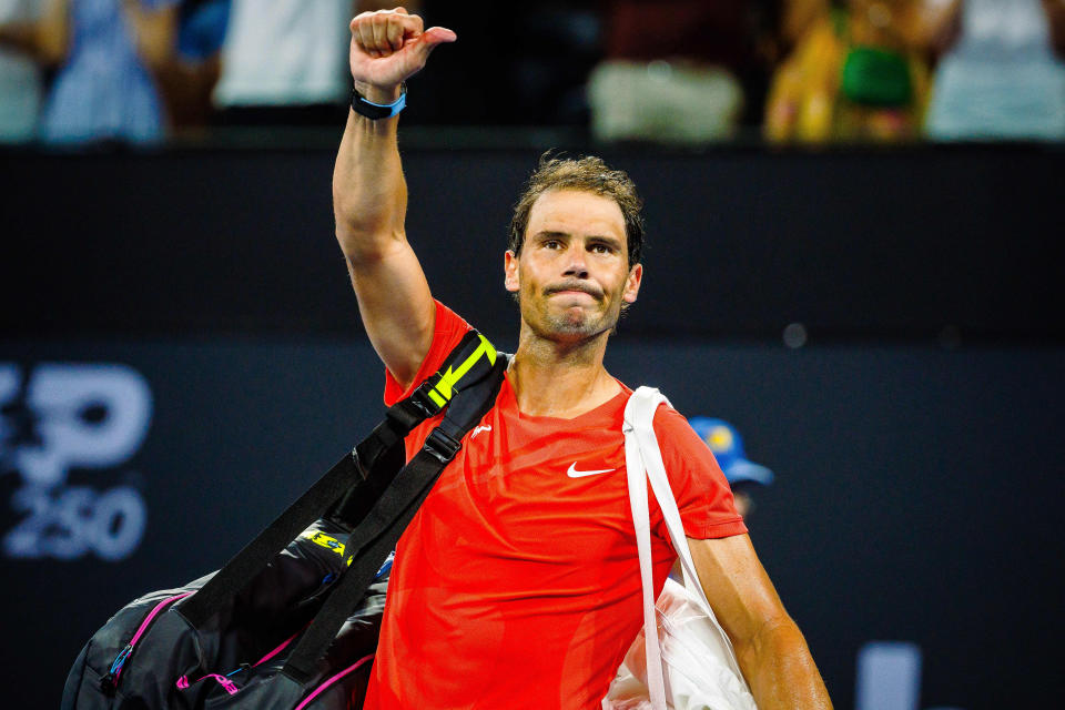 Spain's Rafael Nadal reacts as he leaves the court after his loss against Australia's Jordan Thompson at their men's singles match during the Brisbane International tennis tournament in Brisbane on January 5, 2024. (Photo by Patrick HAMILTON / AFP) / --IMAGE RESTRICTED TO EDITORIAL USE - STRICTLY NO COMMERCIAL USE-- (Photo by PATRICK HAMILTON/AFP via Getty Images)