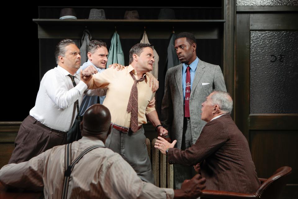 From left, Adan Varela, Riley McNutt, Marc Cedric Smith, Curtis Bannister and James Michael Detmar play jurors in tense deliberations in “Twelve Angry Men: A New Musical” at Asolo Repertory Theatre.