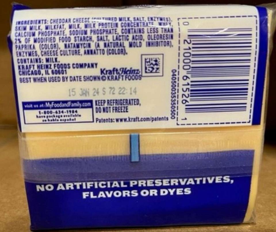 PHOTO: Food company Kraft Heinz has issued a voluntary recall on Tuesday, Sept. 19, 2023, after nearly 84,000 slices of processed individually-wrapped American cheese were deemed to potentially contain choking hazards. (Kraft Heinz)