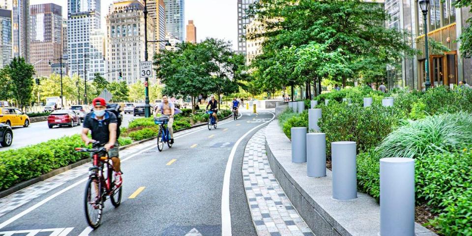 West Side Bicycle Lanes and Cityscape, New York City, New York