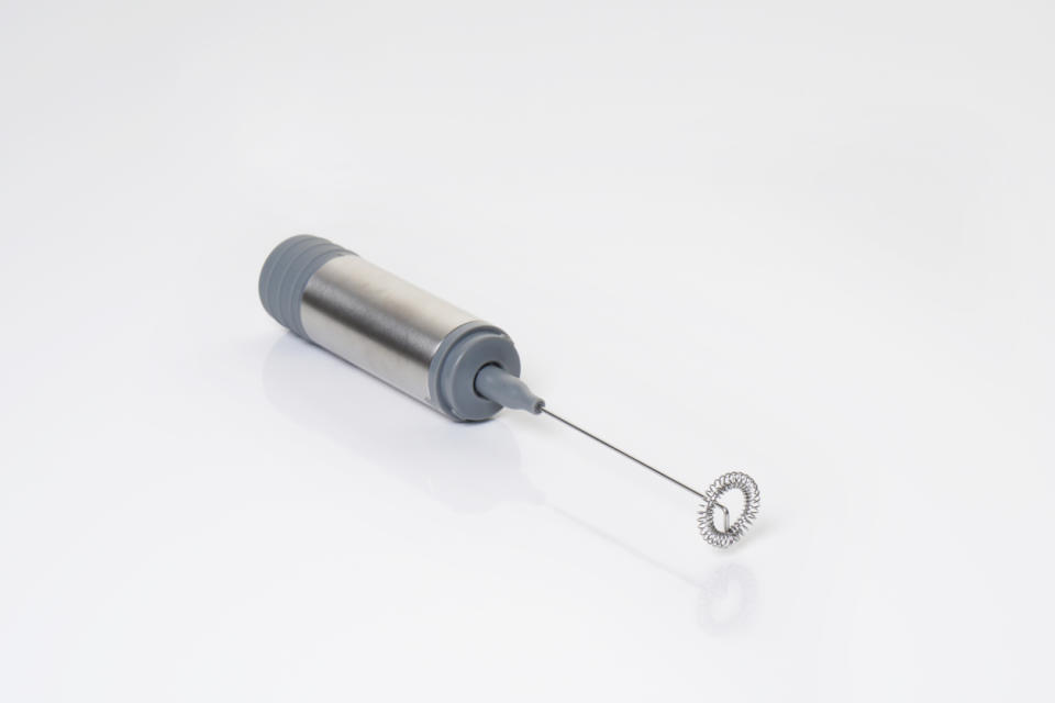 A stainless steel milk frother