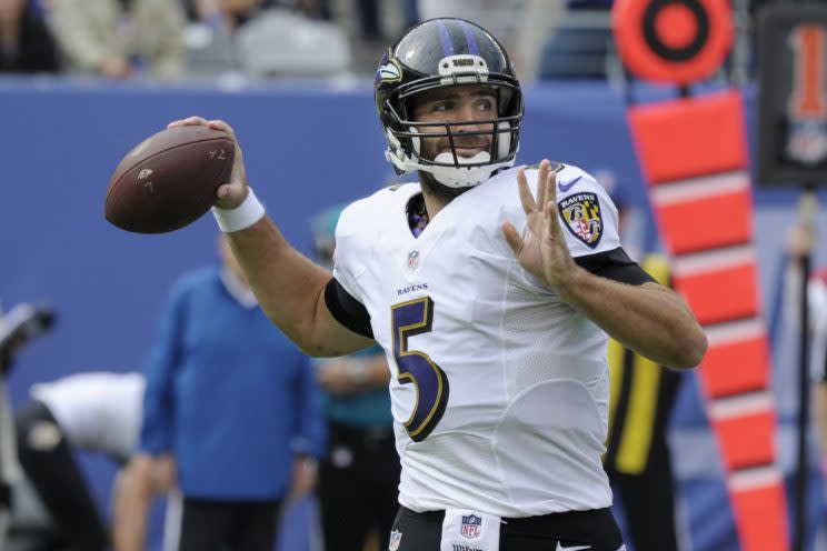 Joe Flacco missed his second straight practice with a shoulder injury (AP)