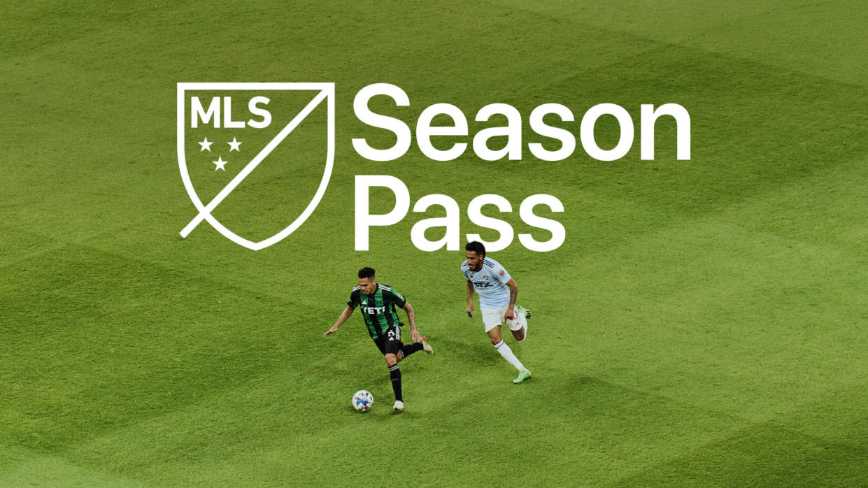  The Apple TV Plus MLS Season Pass logo over a football field. 